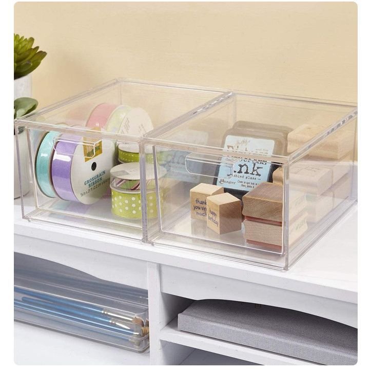 NEW Acrylic Stackable Bin Clear Plastic Organizer Drawers 2 Piece Set Organize Cosmetics and Beauty Supplies