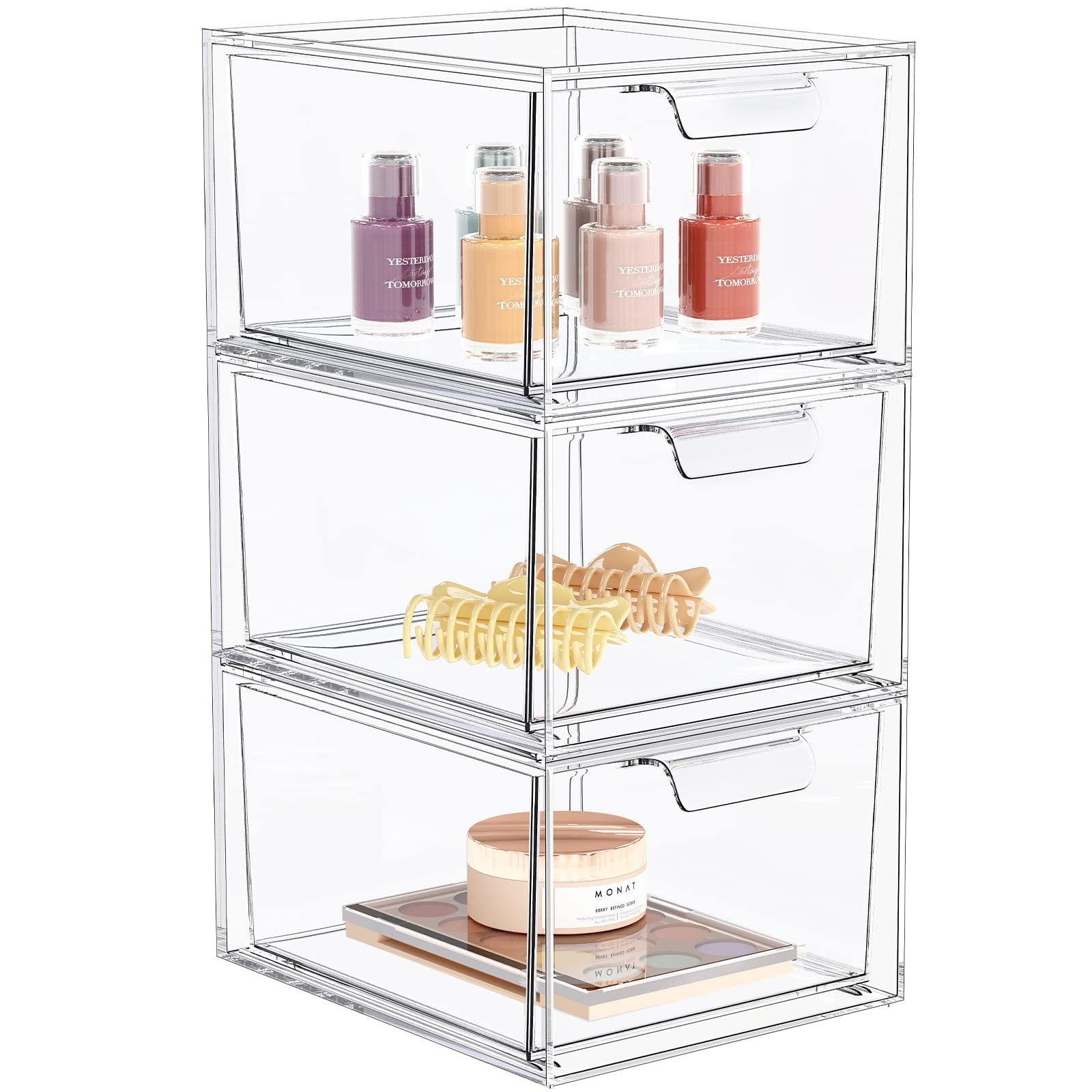 NEW Acrylic Stackable Bin Clear Plastic Organizer Drawers 2 Piece Set Organize Cosmetics and Beauty Supplies