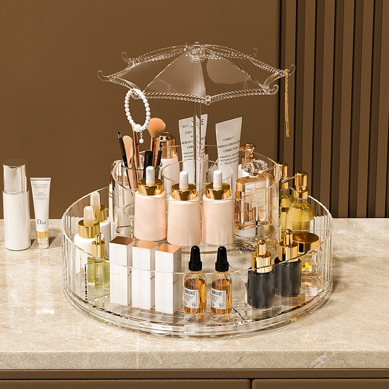 360 Degree Clear Umbrella Style Cosmetics Storage Box Transparent Rotating Organize Lipstick Skincare Shelving