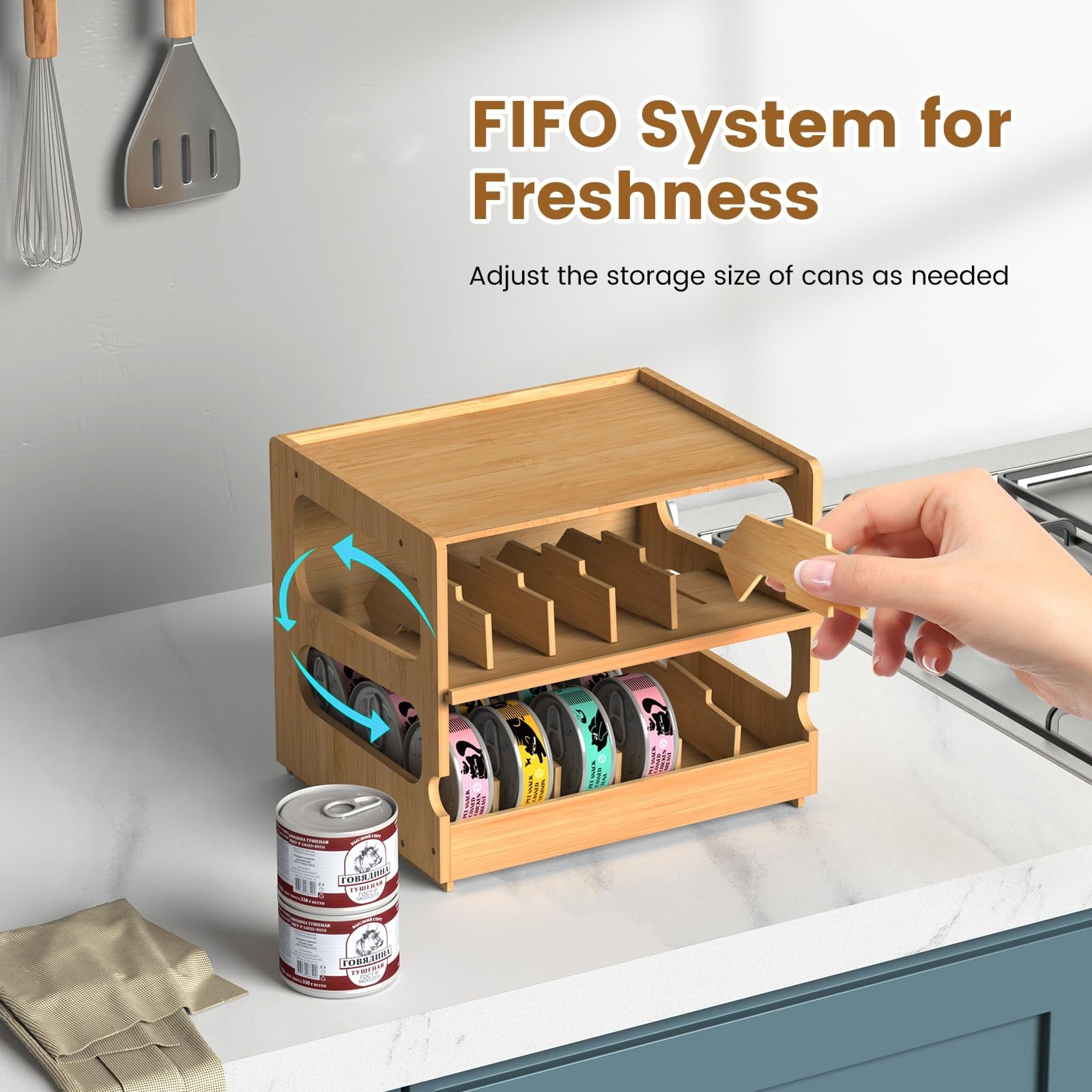 Custom Bamboo Can Organizers and Storage for Pantry Soda Beverage Drink Holders Moveable Adjustable Size Canned Goods Organizer