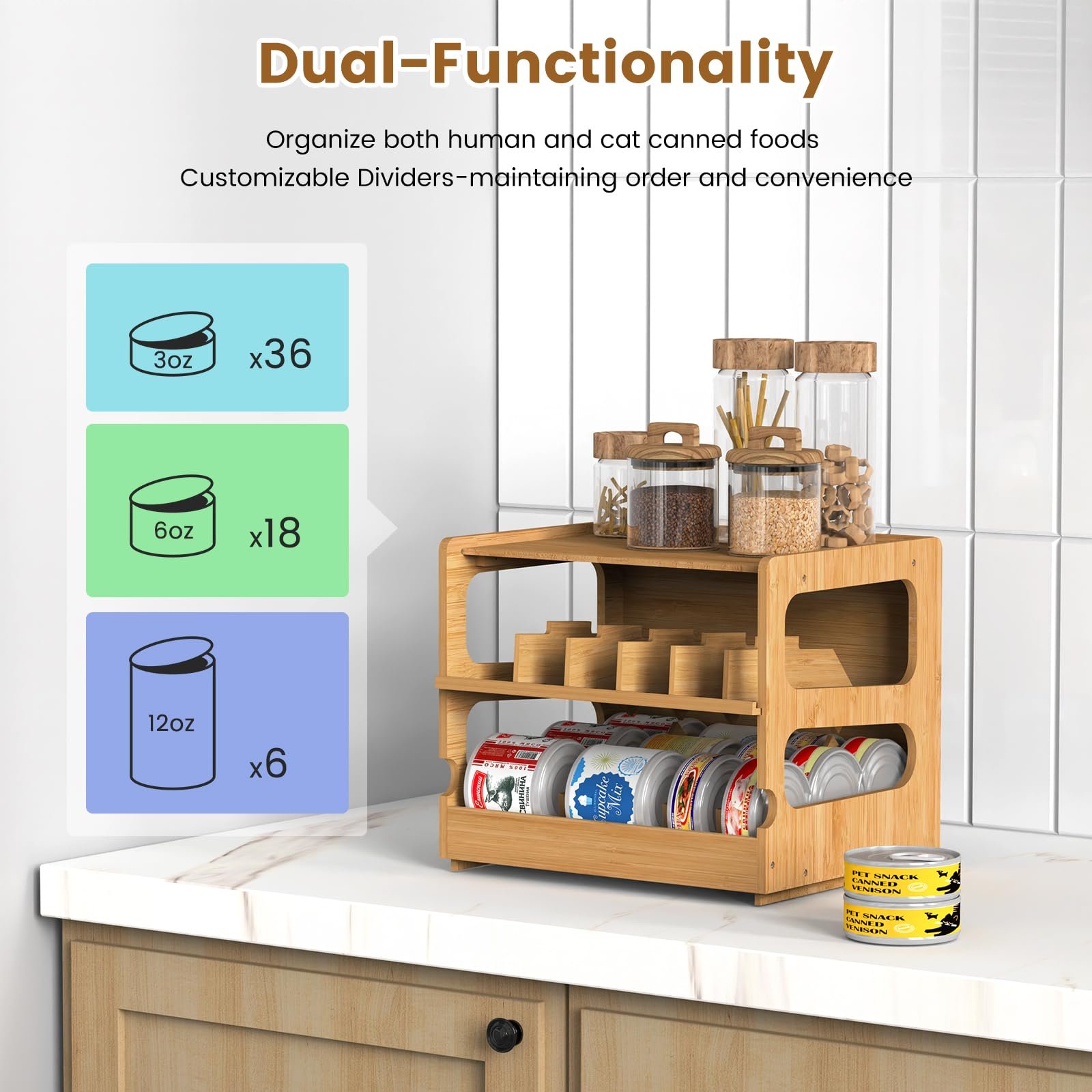 Custom Bamboo Can Organizers and Storage for Pantry Soda Beverage Drink Holders Moveable Adjustable Size Canned Goods Organizer