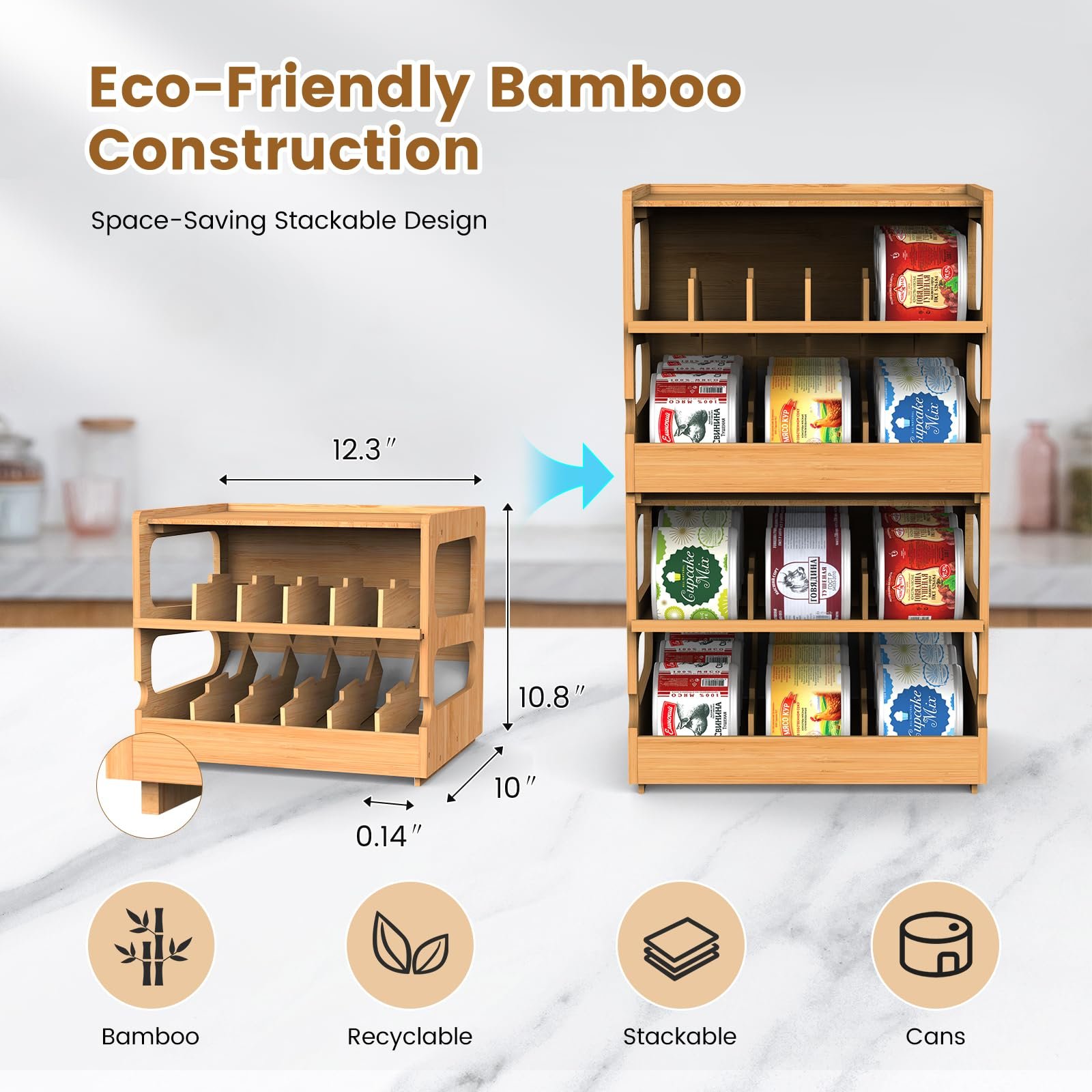 Custom Bamboo Can Organizers and Storage for Pantry Soda Beverage Drink Holders Moveable Adjustable Size Canned Goods Organizer