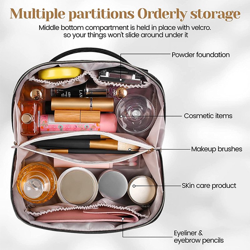 Factory Wholesale Custom Logo Portable Rectangle Makeup Organizer Pu Travel Toiletry Bag Leather Luxury Cosmetic Partition Bag