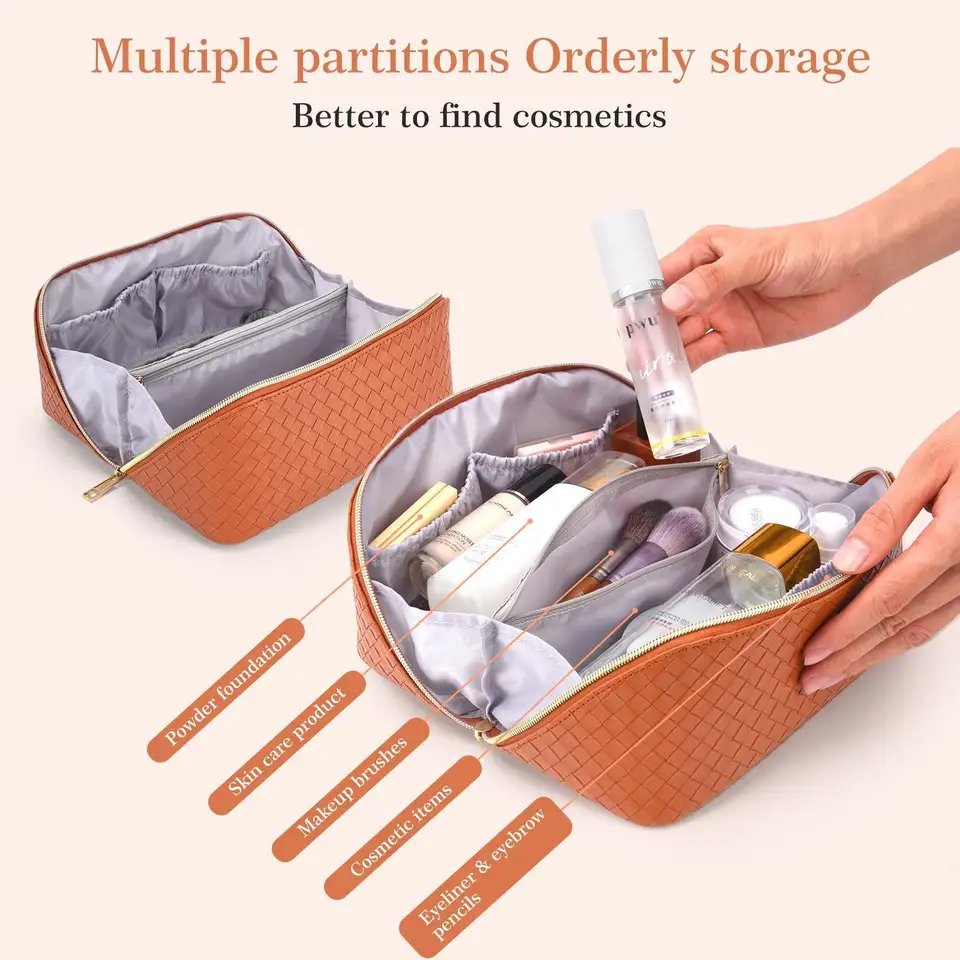 Factory Wholesale Custom Logo Portable Rectangle Makeup Organizer Pu Travel Toiletry Bag Leather Luxury Cosmetic Partition Bag