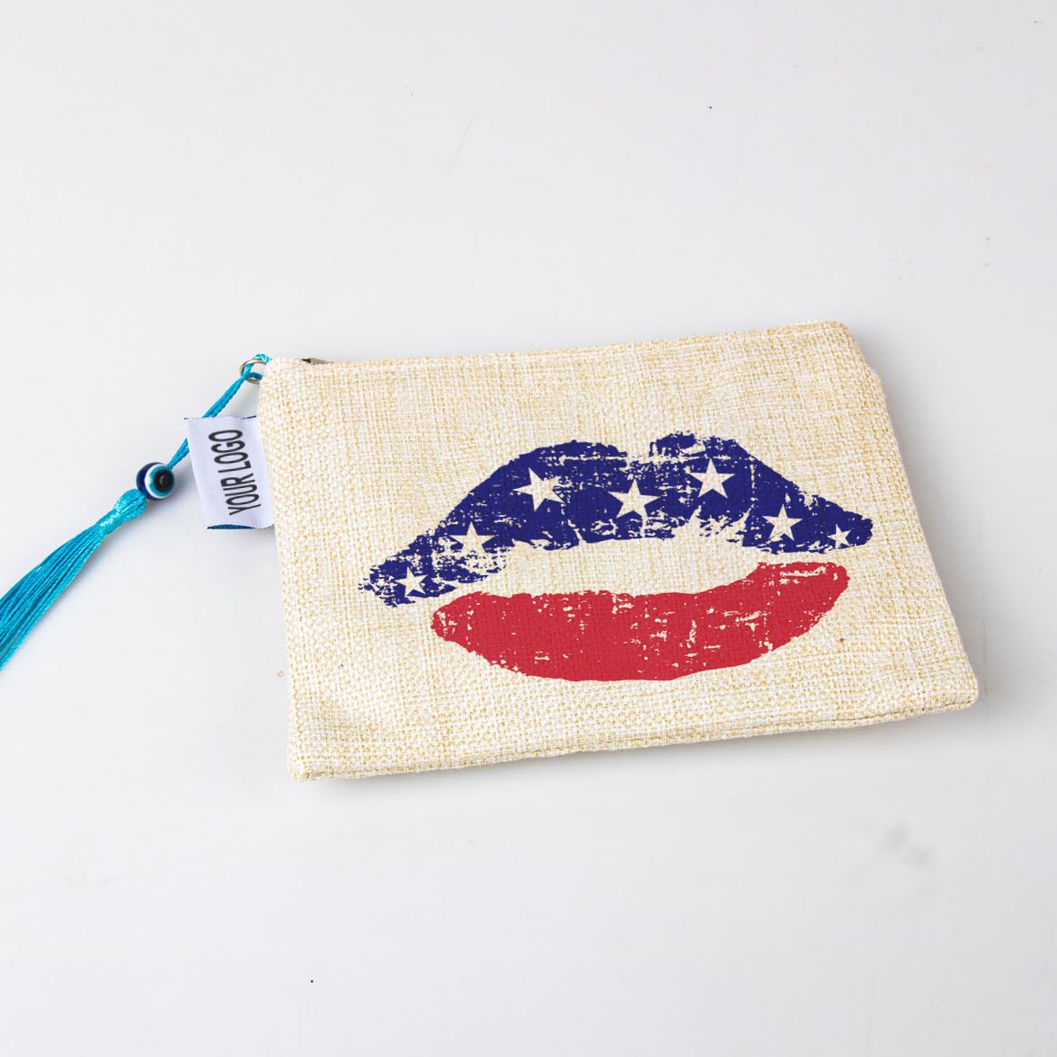New Arrival American flag design plain linen travel makeup bag with zipper Souvenir Gift toiletry cosmetic brush organizer pouch