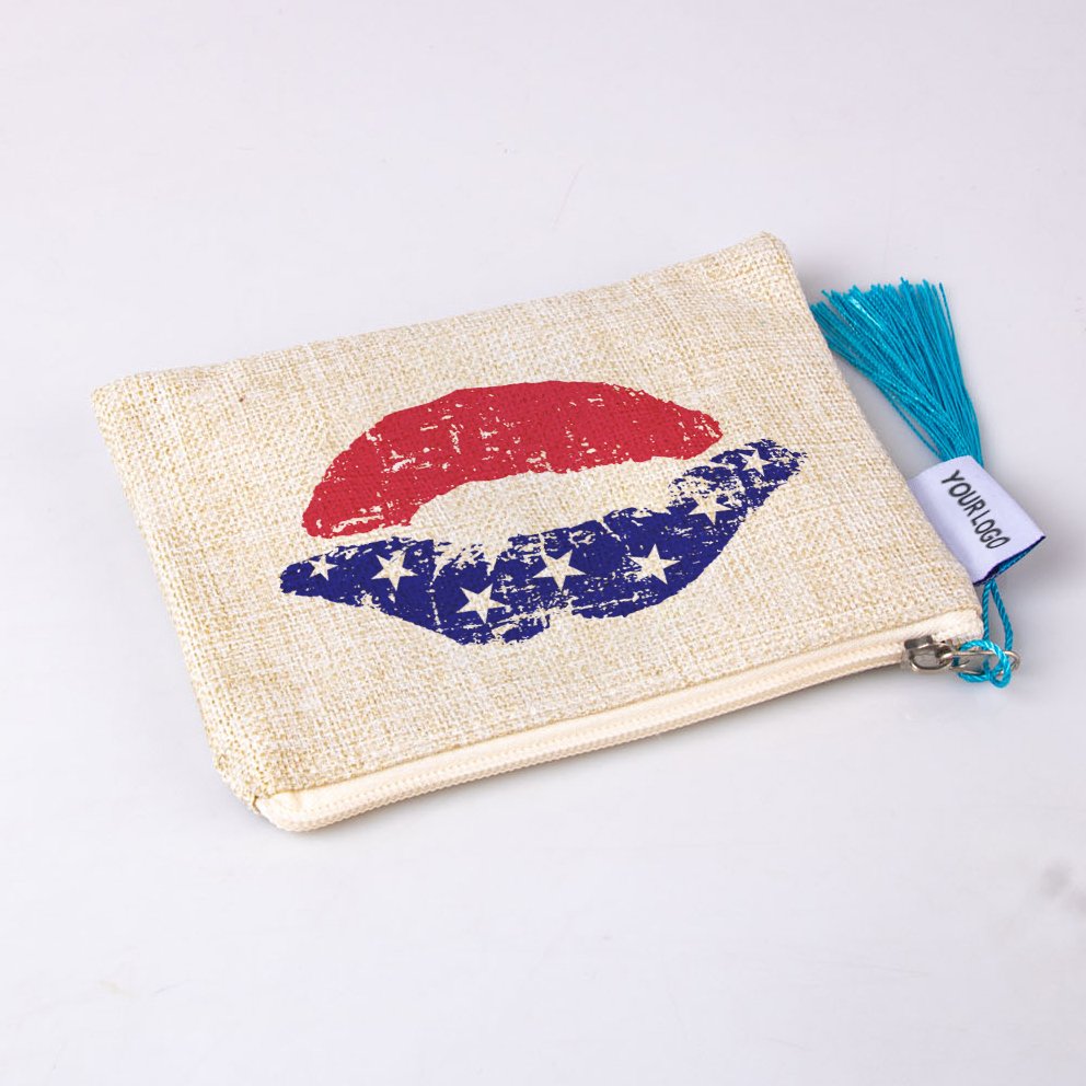 New Arrival American flag design plain linen travel makeup bag with zipper Souvenir Gift toiletry cosmetic brush organizer pouch
