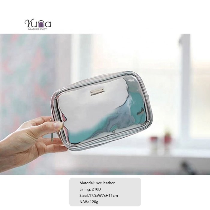 factory supply metallic silver vegan leather toiletry pouch travel cosmetic organizer makeup storage bag