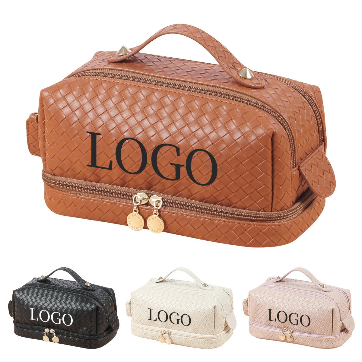Custom Logo Large Pu Makeup Bag Double Layer Cosmetic Bags with Handle Travel Make Up Bag Organizer with Compartments