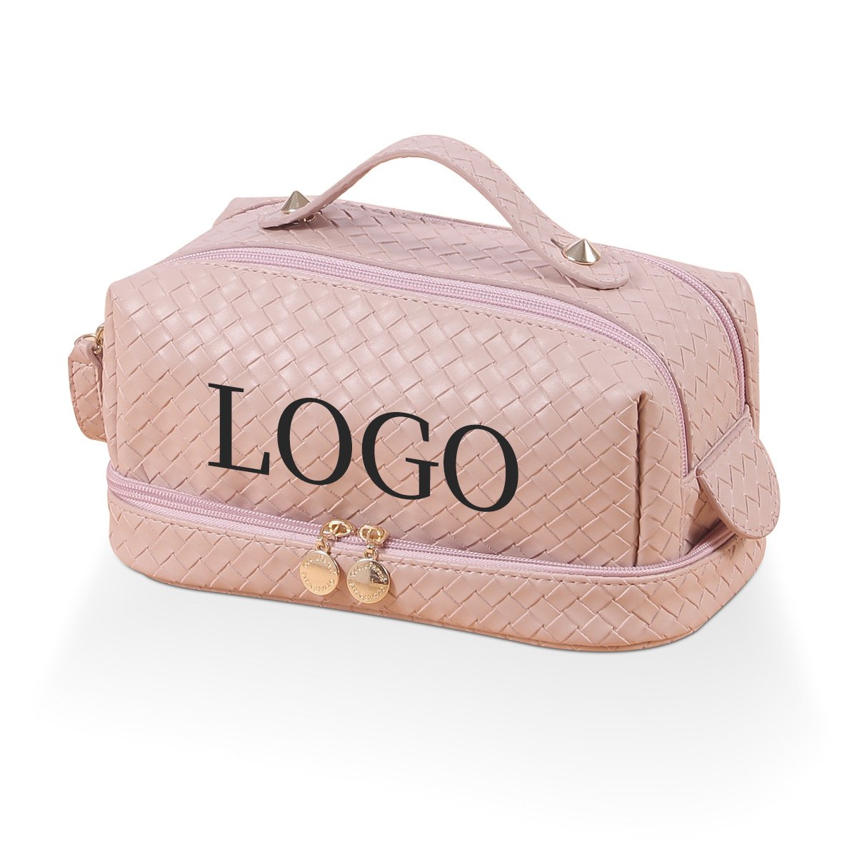 Custom Logo Large Pu Makeup Bag Double Layer Cosmetic Bags with Handle Travel Make Up Bag Organizer with Compartments