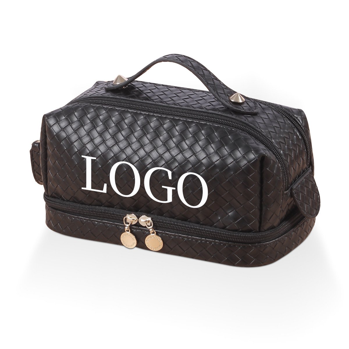 Custom Logo Large Pu Makeup Bag Double Layer Cosmetic Bags with Handle Travel Make Up Bag Organizer with Compartments