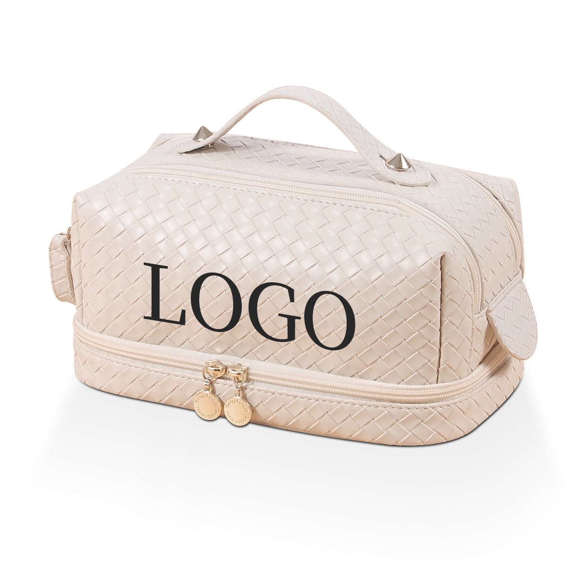Custom Logo Large Pu Makeup Bag Double Layer Cosmetic Bags with Handle Travel Make Up Bag Organizer with Compartments