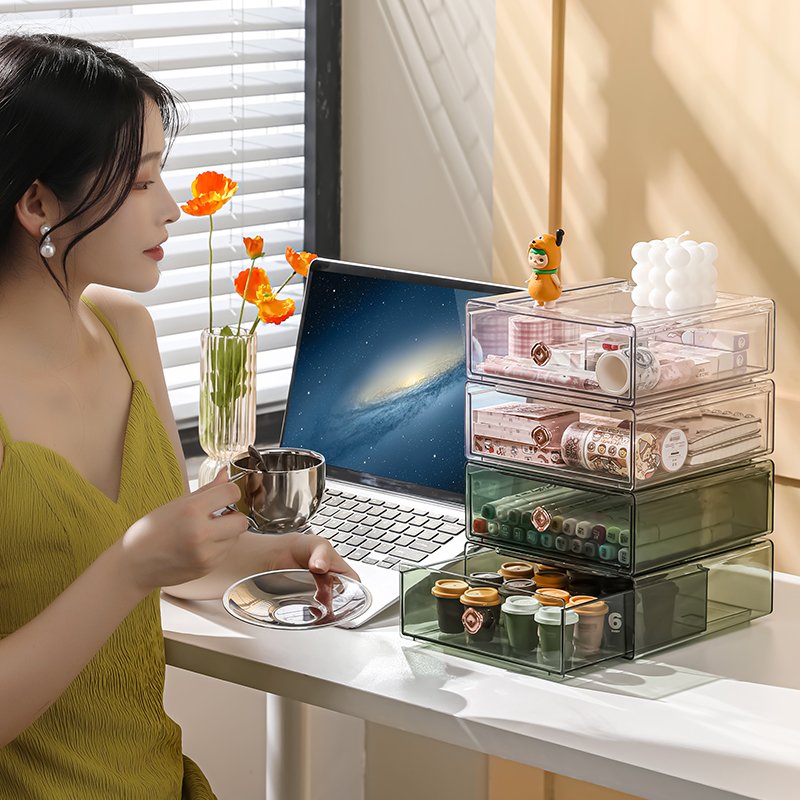 LVCAT Large-capacity Desktop Organizer Transparent Stackable Dustproof Office Plastic Makeup Storage Box With Handle
