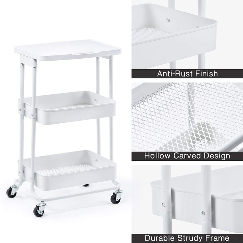 Multi-scene Application 3 Tier Rolling Makeup Organizers Storage Cart Salon Carts Arts Crafts Trolley With Tabletop