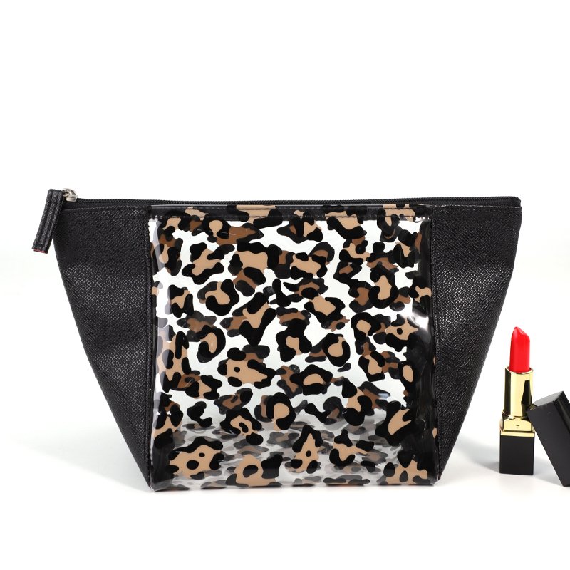 Custom New Women's black leopard pattern print visible clear portable travel makeup organize PVC makeup bag