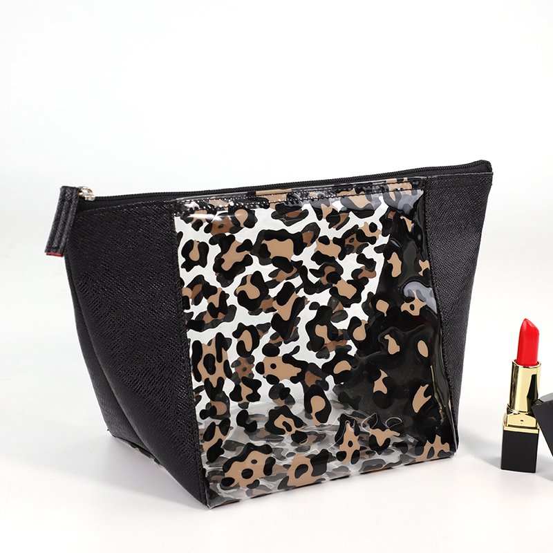 Custom New Women's black leopard pattern print visible clear portable travel makeup organize PVC makeup bag