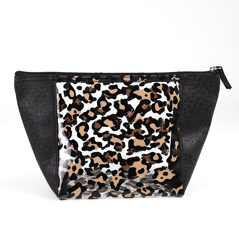 Custom New Women's black leopard pattern print visible clear portable travel makeup organize PVC makeup bag