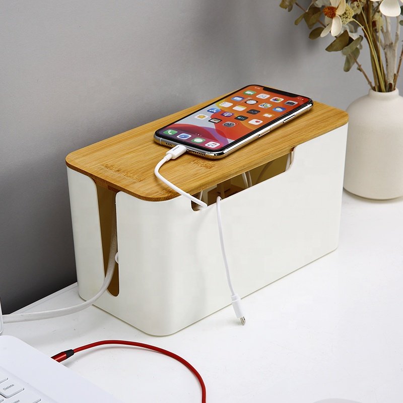 Home office kitchen cord organizer box small white cord hider box power strip wooden style cable management box for desktop