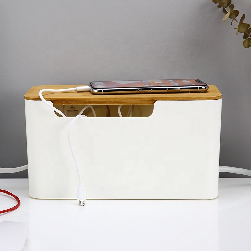 Home office kitchen cord organizer box small white cord hider box power strip wooden style cable management box for desktop