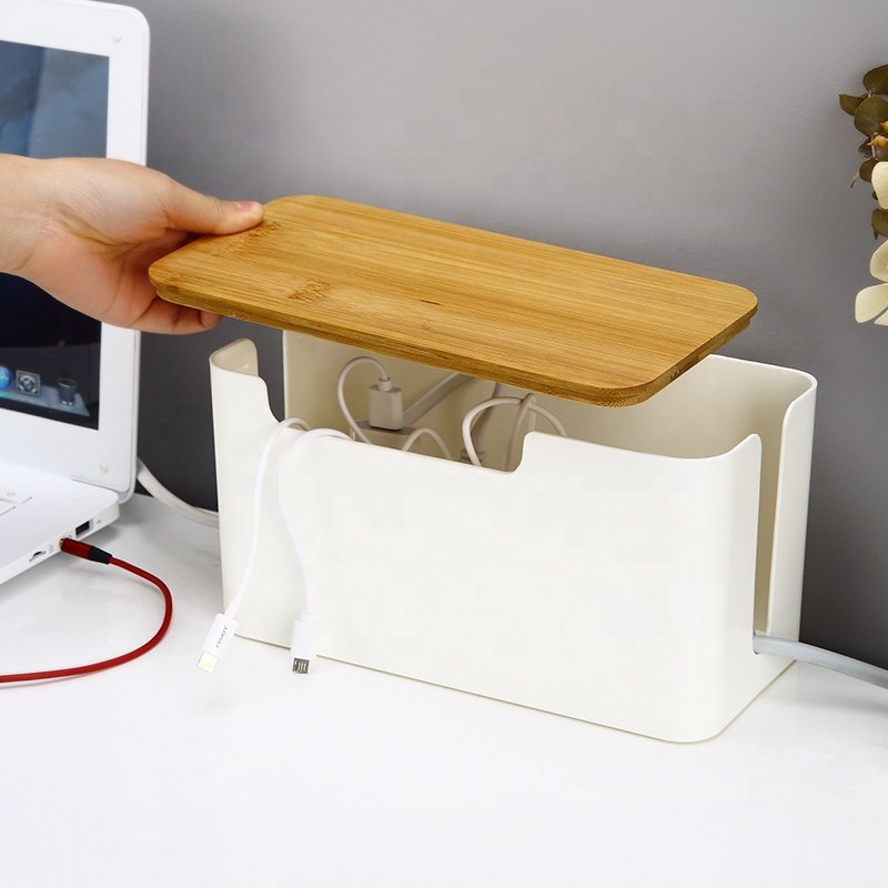 Home office kitchen cord organizer box small white cord hider box power strip wooden style cable management box for desktop