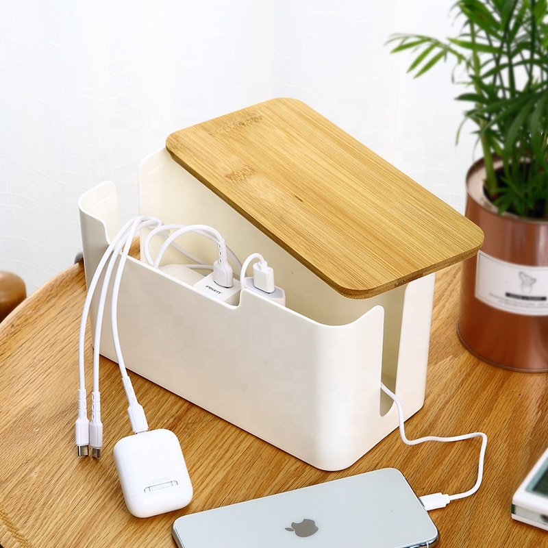 Home office kitchen cord organizer box small white cord hider box power strip wooden style cable management box for desktop