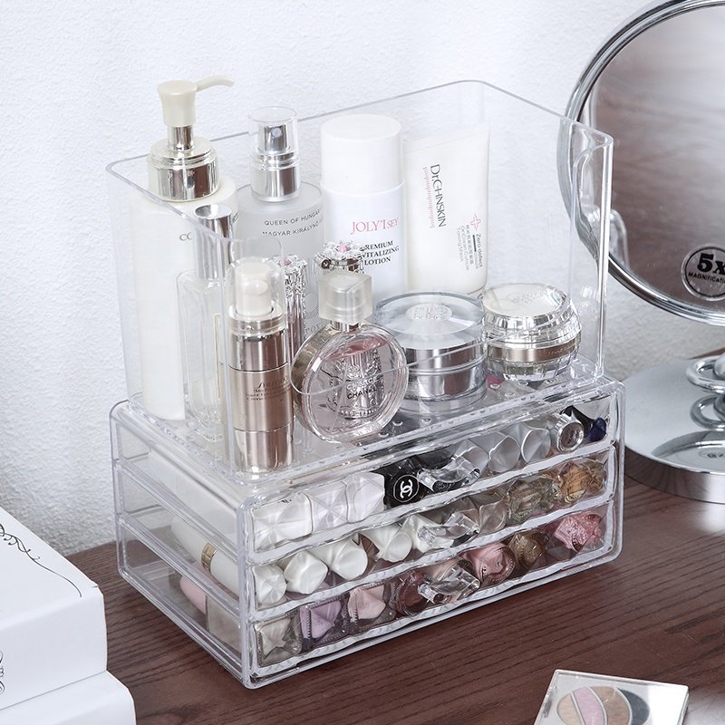 PS multipurpose acrylic storage box jewelry cosmetic makeup clear 3 tiers plastic makeup organizer set with drawer