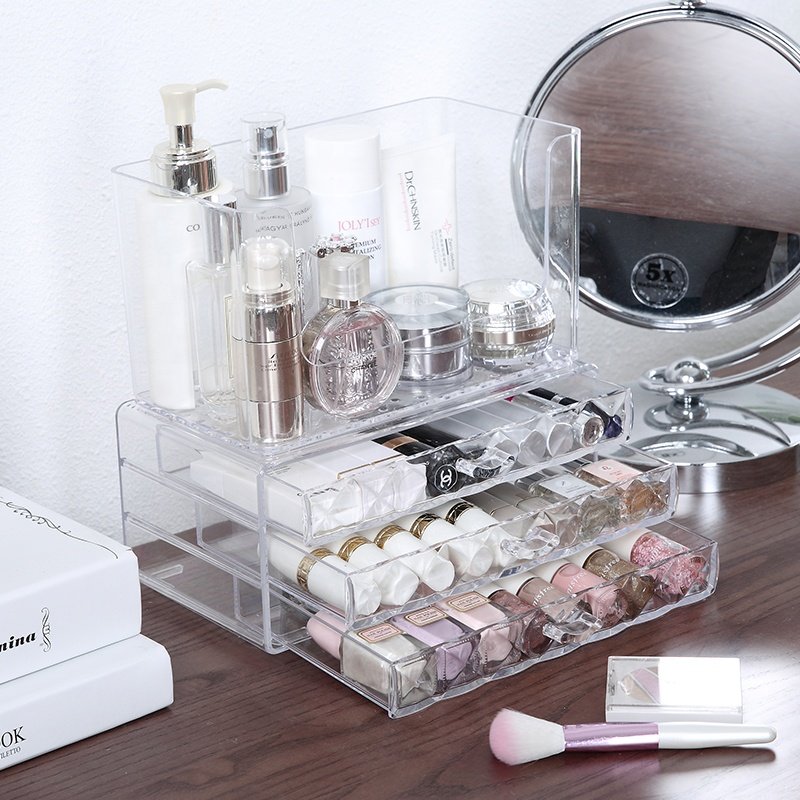 PS multipurpose acrylic storage box jewelry cosmetic makeup clear 3 tiers plastic makeup organizer set with drawer