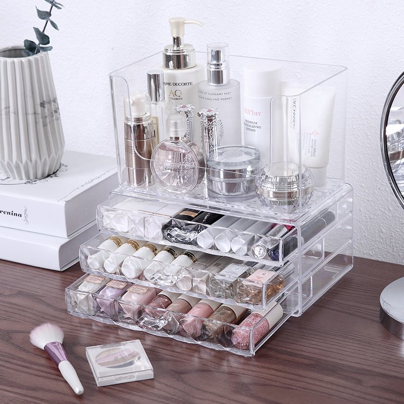 PS multipurpose acrylic storage box jewelry cosmetic makeup clear 3 tiers plastic makeup organizer set with drawer