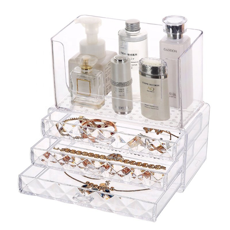 PS multipurpose acrylic storage box jewelry cosmetic makeup clear 3 tiers plastic makeup organizer set with drawer