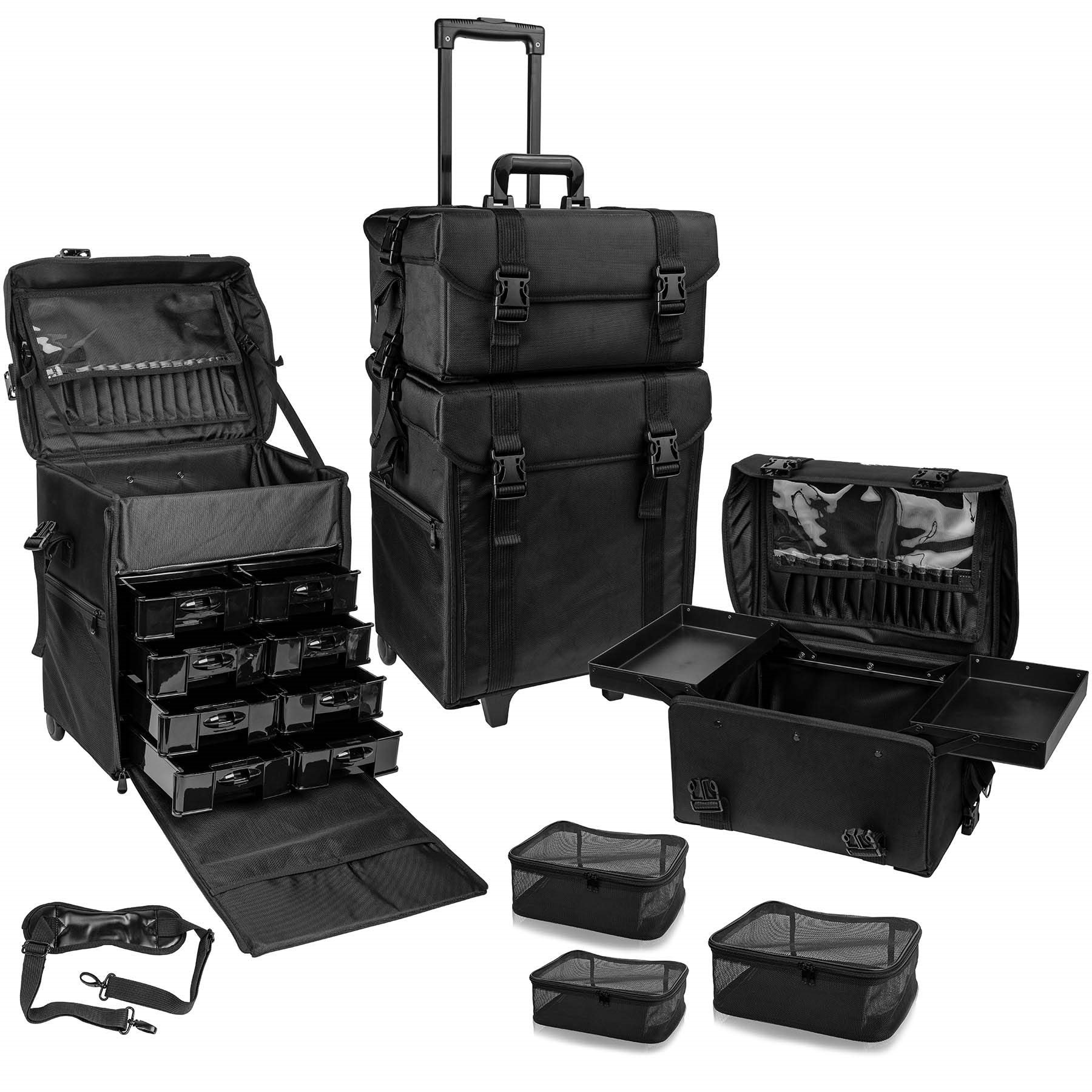 Rolling trolley travel drawer bins mesh detachable buckle compartment organizers cosmetic makeup case bag luggage suitcase