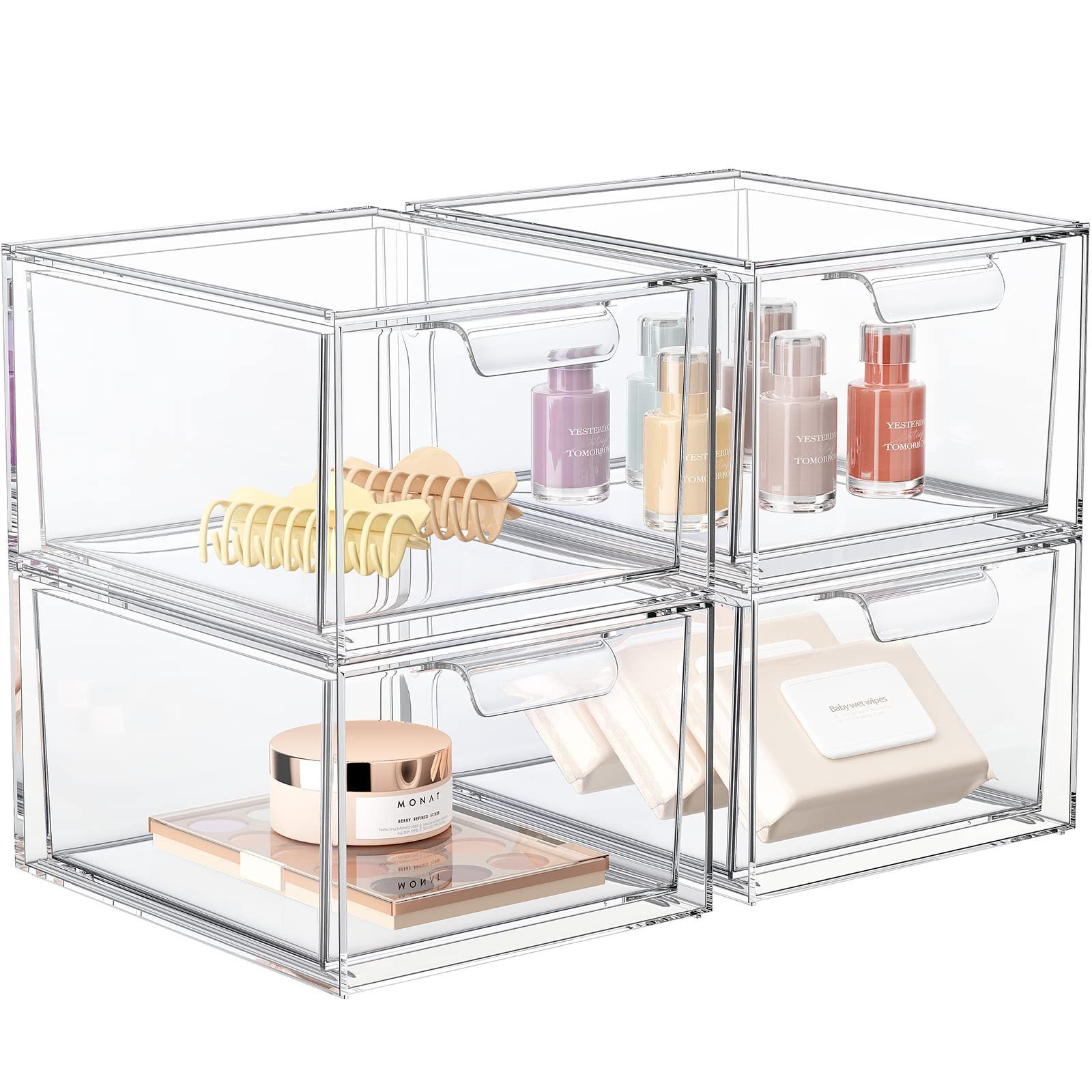 New Arrival 3Pack Clear Makeup Jewelry Drawer Organizer Desk Organizer Storage Container With Curved Handle Design