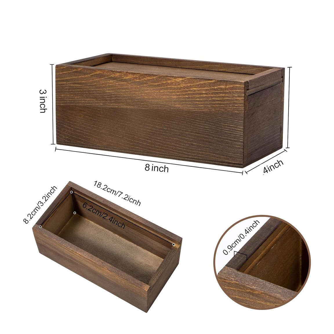 Wooden Storage Box with Sliding Lid, Dark Brown Color Pine Wood Keepsake Box for Memory Desk Organizers and Home Decorations