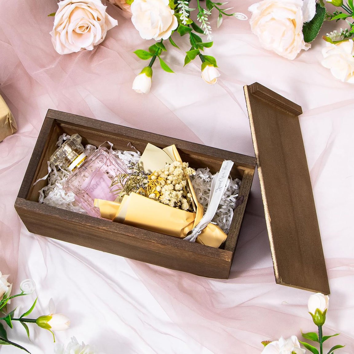 Wooden Storage Box with Sliding Lid, Dark Brown Color Pine Wood Keepsake Box for Memory Desk Organizers and Home Decorations
