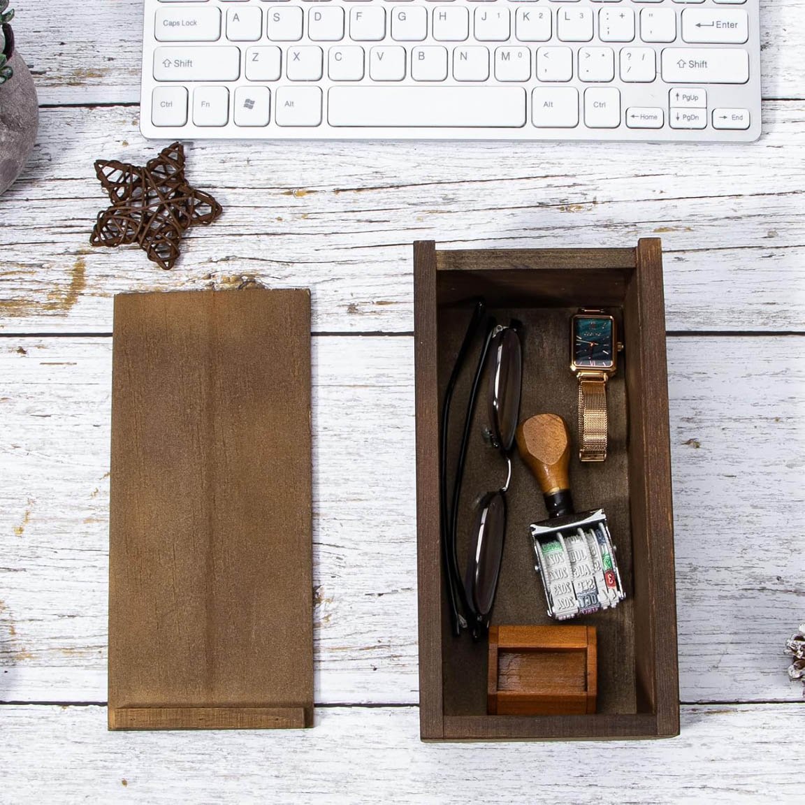Wooden Storage Box with Sliding Lid, Dark Brown Color Pine Wood Keepsake Box for Memory Desk Organizers and Home Decorations