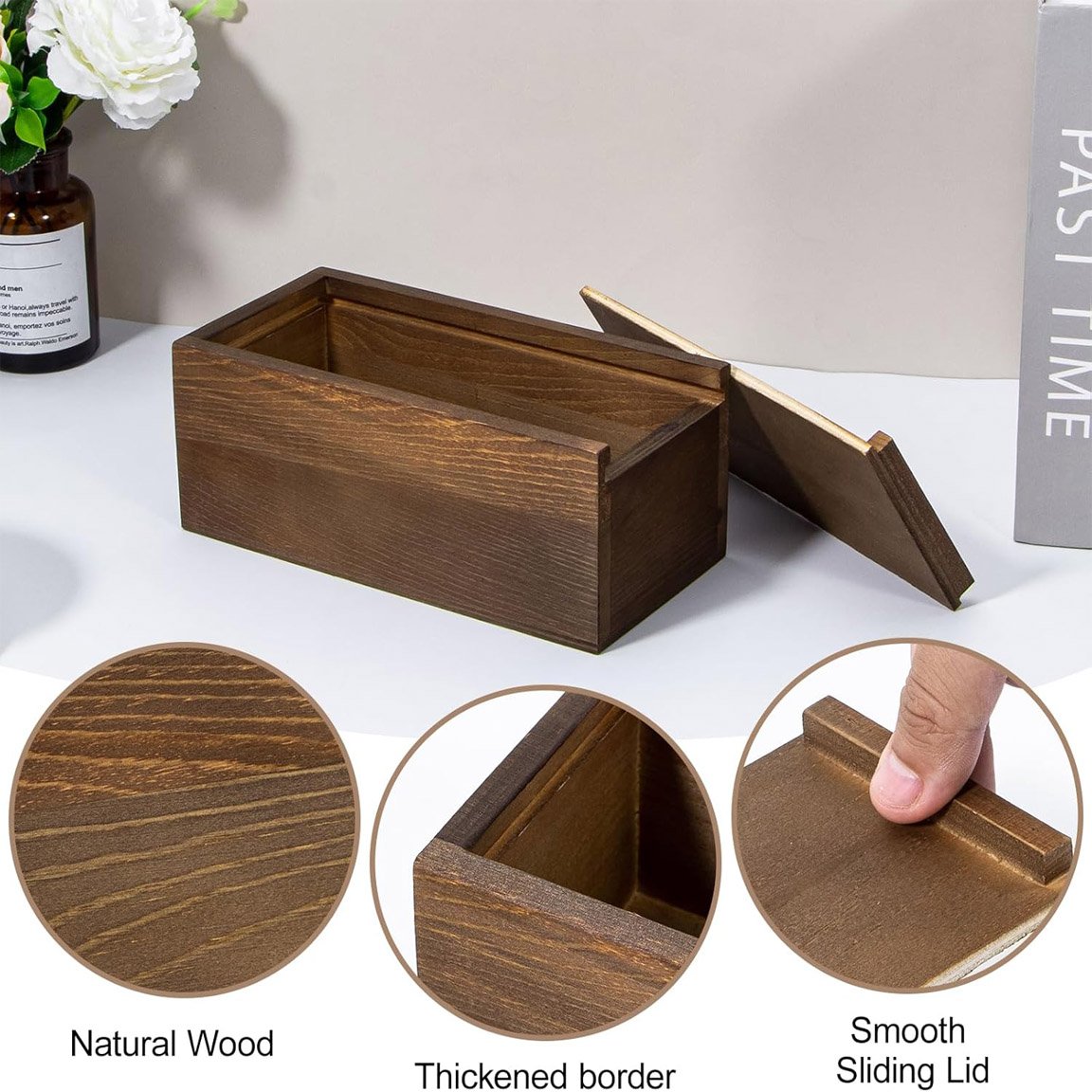 Wooden Storage Box with Sliding Lid, Dark Brown Color Pine Wood Keepsake Box for Memory Desk Organizers and Home Decorations