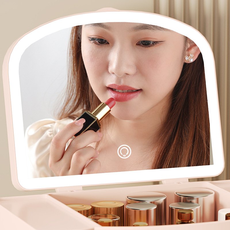 XJH Counter top Portable Vanity Cosmetics Make Up Bathroom Organizer Box with LED Mirror