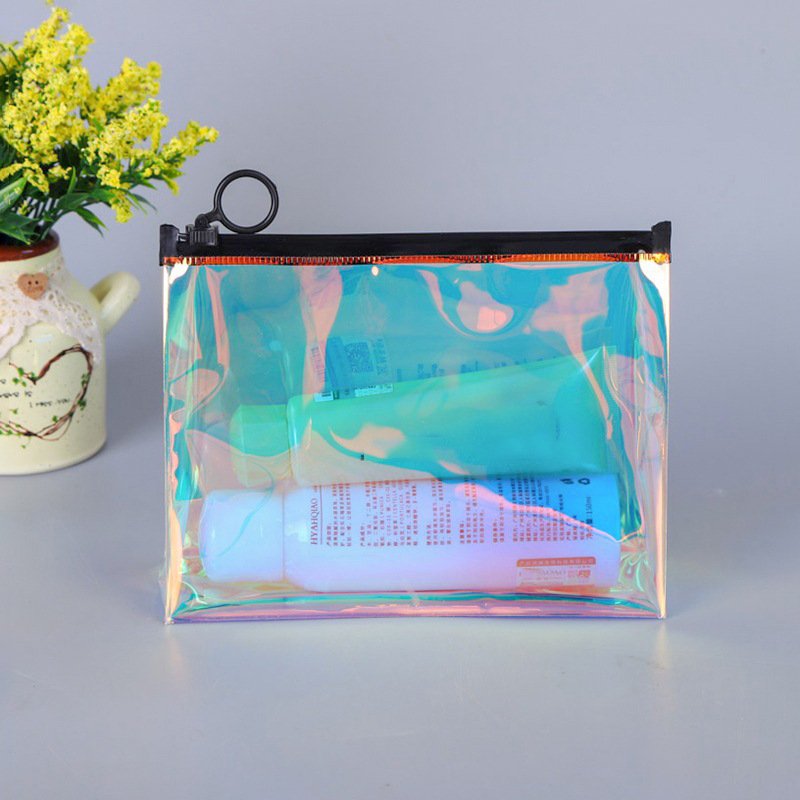 Custom Logo Transparent PVC Bag Holographic Laser Plastic Zipper Bag Holographic Make up Bag With Metal Zipper