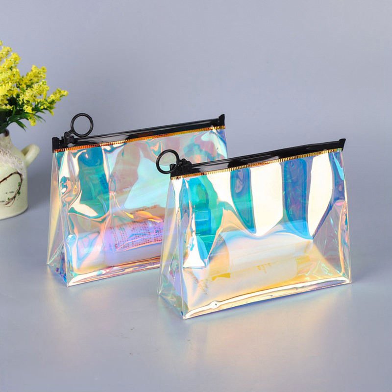 Custom Logo Transparent PVC Bag Holographic Laser Plastic Zipper Bag Holographic Make up Bag With Metal Zipper