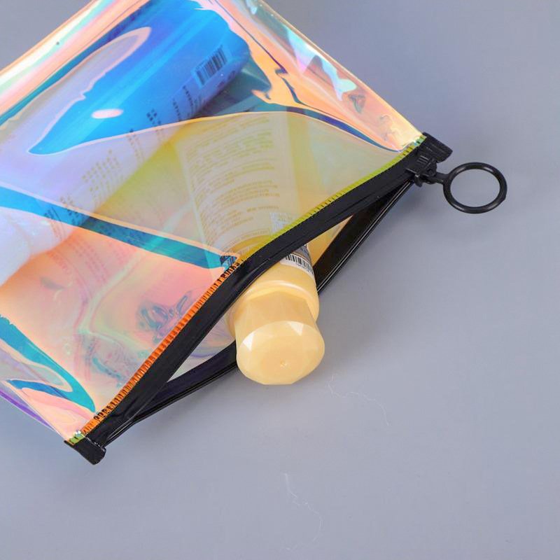 Custom Logo Transparent PVC Bag Holographic Laser Plastic Zipper Bag Holographic Make up Bag With Metal Zipper