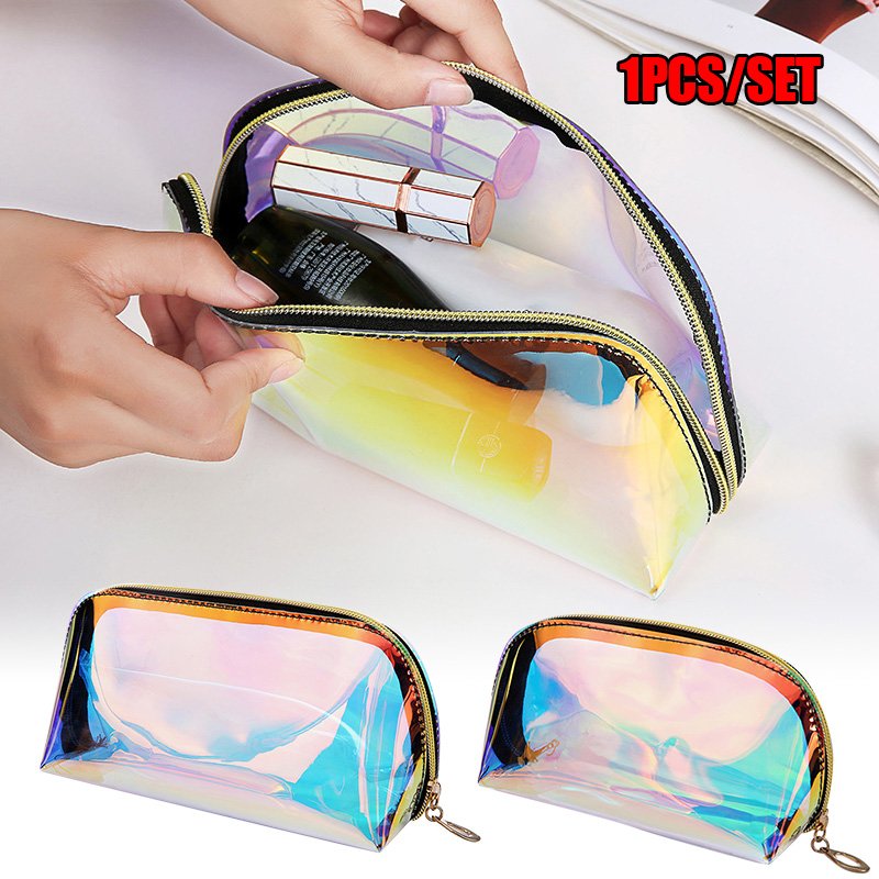 2022 Hot Selling Clear Zipper Cosmetic Bag Holographic Makeup Bag Transparent Cosmetic Toiletry Pouch