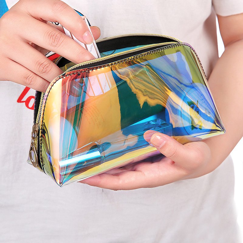 2022 Hot Selling Clear Zipper Cosmetic Bag Holographic Makeup Bag Transparent Cosmetic Toiletry Pouch