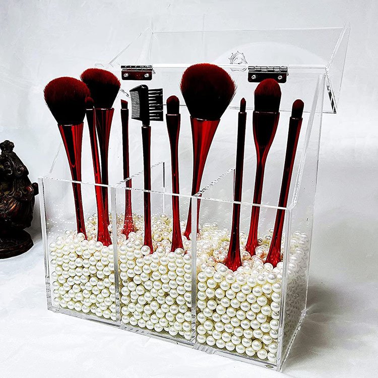 JH Customized transparent flip cover dustproof makeup brush storage box eyebrow pencil organizing box