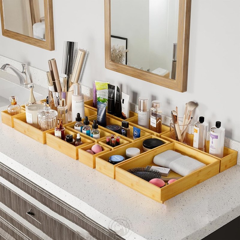 Multi-Use Divider Bins for Kitchen Bathroom Office 14-Piece Bamboo Drawer Organizer Storage Boxes Set