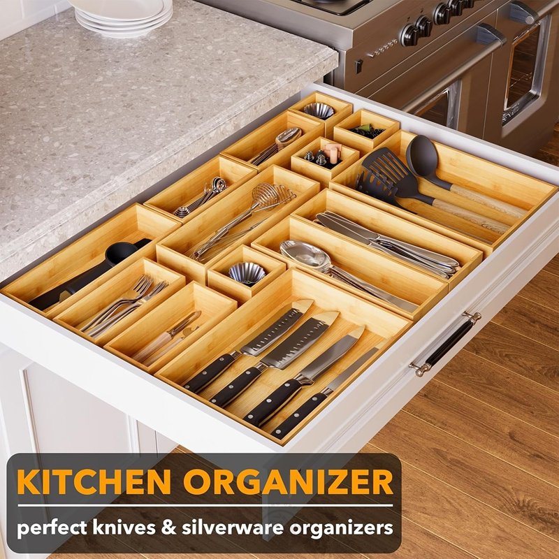 Multi-Use Divider Bins for Kitchen Bathroom Office 14-Piece Bamboo Drawer Organizer Storage Boxes Set