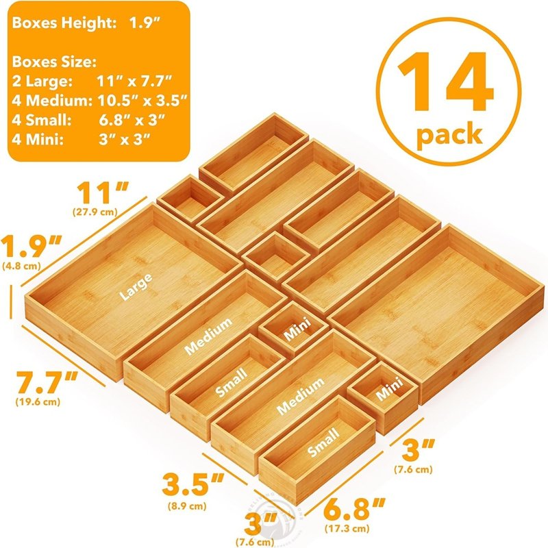 Multi-Use Divider Bins for Kitchen Bathroom Office 14-Piece Bamboo Drawer Organizer Storage Boxes Set