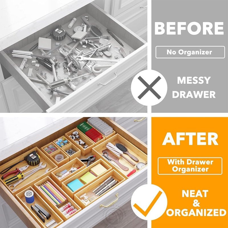 Multi-Use Divider Bins for Kitchen Bathroom Office 14-Piece Bamboo Drawer Organizer Storage Boxes Set