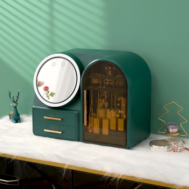 Luxury Cosmetic Storage Box Makeup Organizer with LED Light Mirror Drawer Vanity Countertop Dresser Skincare Display Case