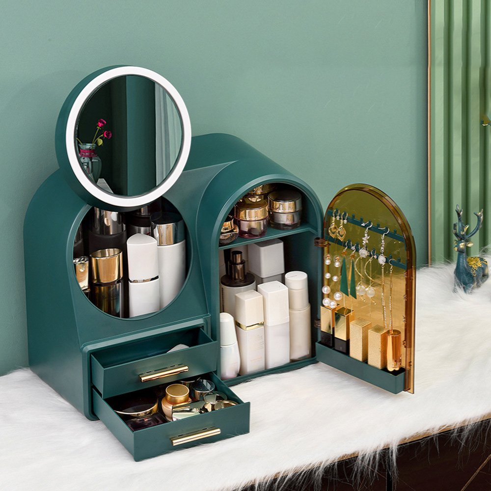 Luxury Cosmetic Storage Box Makeup Organizer with LED Light Mirror Drawer Vanity Countertop Dresser Skincare Display Case