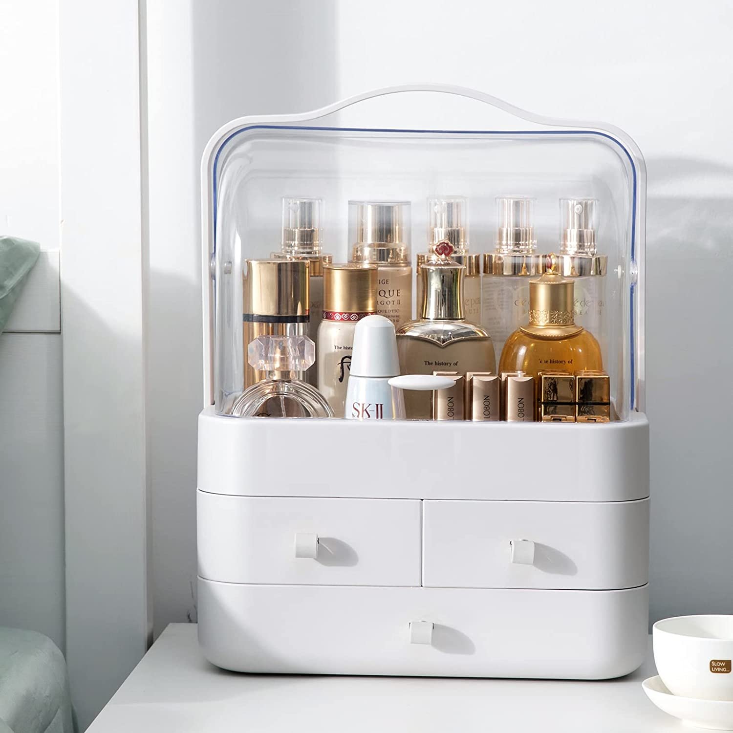 Waterproof&Dustproof Cosmetic Organizer Box with Lid Fully Open skincare organizers
