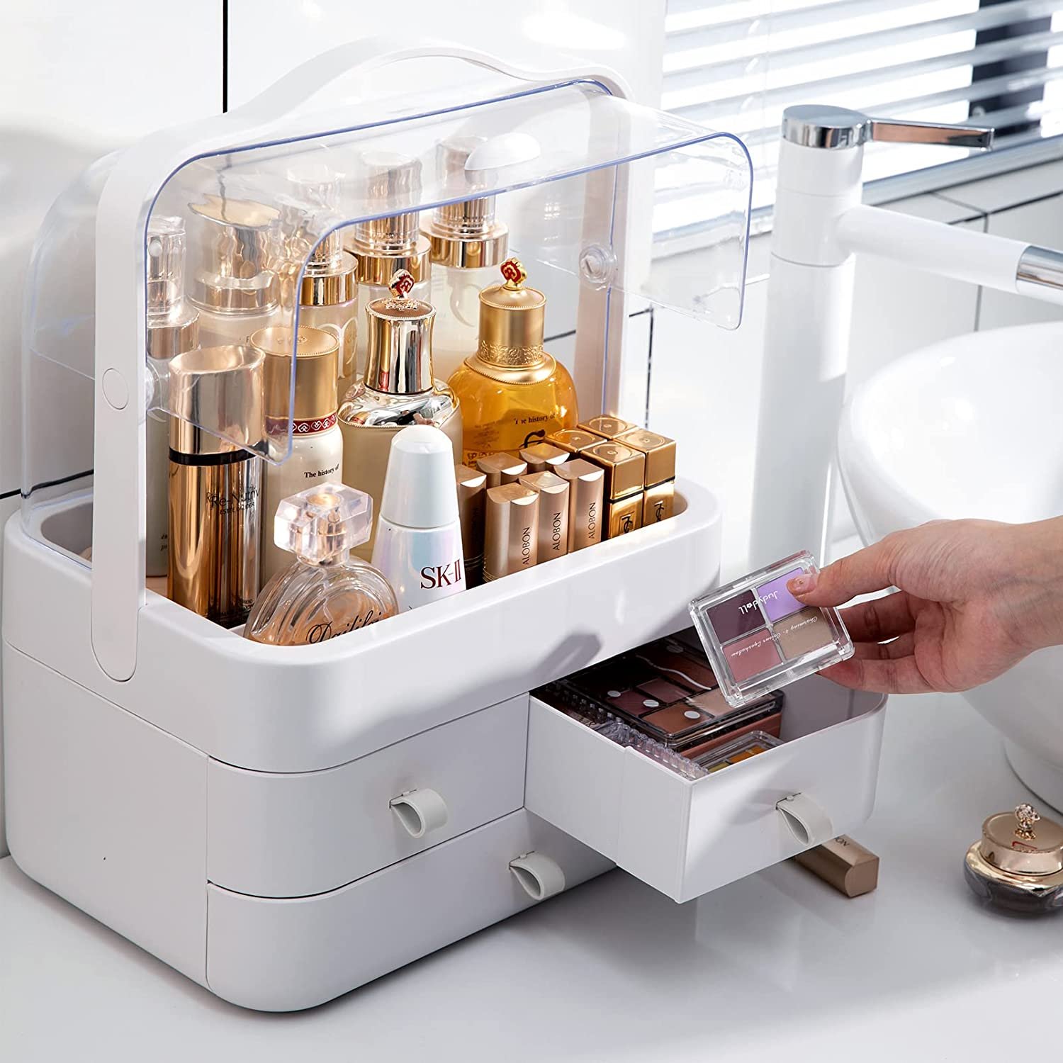 Waterproof&Dustproof Cosmetic Organizer Box with Lid Fully Open skincare organizers