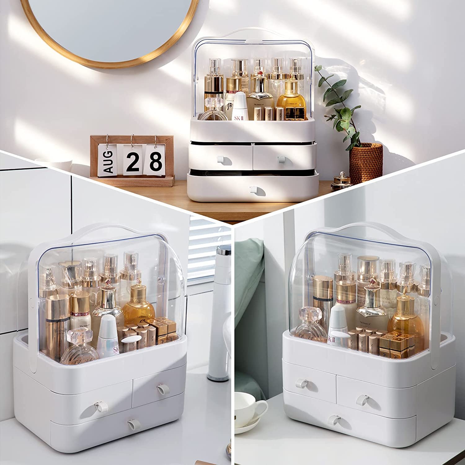 Waterproof&Dustproof Cosmetic Organizer Box with Lid Fully Open skincare organizers
